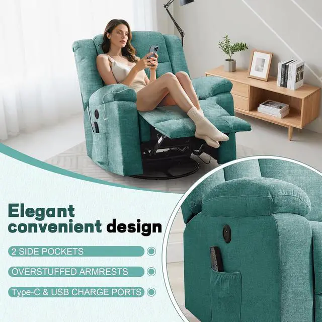 Alt view image 7 of 7 - Korser Rocker Recliner, Glider Recliner Chairs for Adults, 360° Swivel Rocking Chair with Massage and Heating, Nursery Chair with Storage and USB Charging, Turquoise, Swivel Rocker Recliner