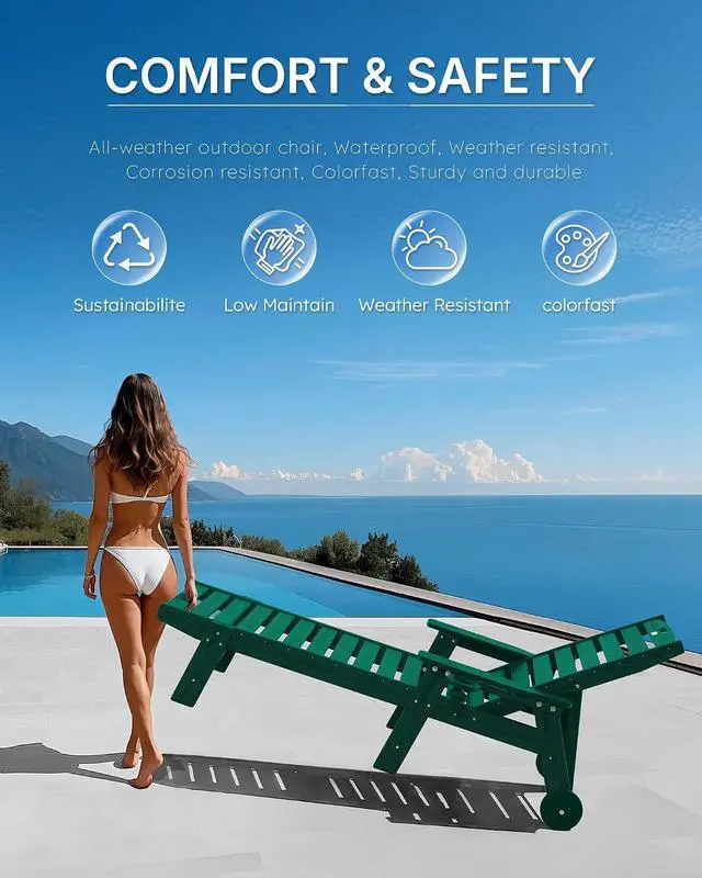 Alt view image 7 of 7 - Patio Chaise Lounge Chair Set of 4, Oversize Lounge Chairs with Wood Texture& Rolling Wheels, HDPE 5-Position Plastic Lounge Chairs for Poolside, Patio, Deck, Beach,Green