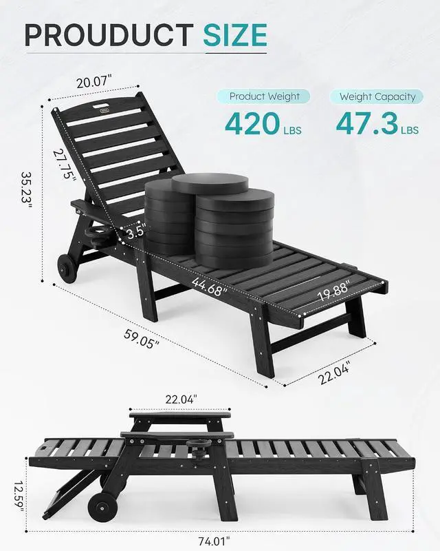 Alt view image 2 of 7 - Patio Chaise Lounge Chair Set of 4, Oversize Lounge Chairs with Wood Texture& Rolling Wheels, HDPE 6-Position Plastic Lounge Chairs for Poolside, Patio, Deck, Beach,Black