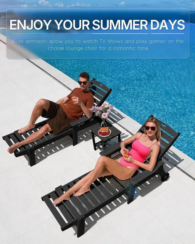 Alt view image 3 of 7 - Patio Chaise Lounge Chair Set of 4, Oversize Lounge Chairs with Wood Texture& Rolling Wheels, HDPE 6-Position Plastic Lounge Chairs for Poolside, Patio, Deck, Beach,Black
