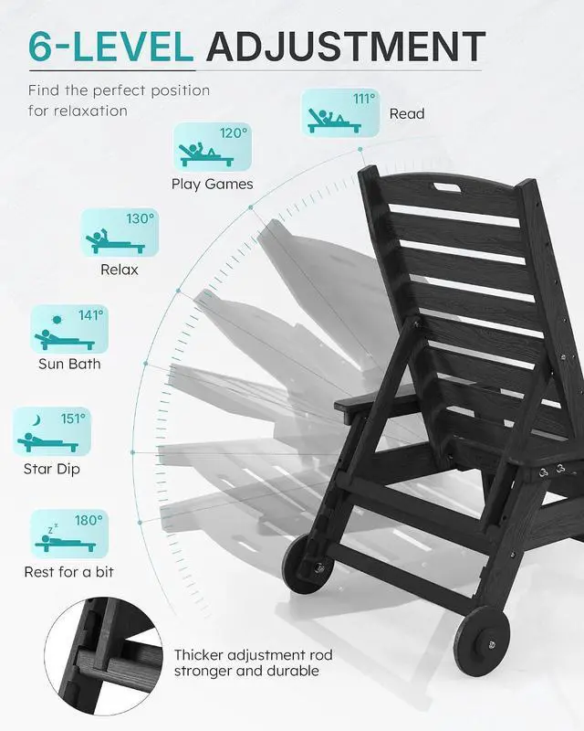 Alt view image 4 of 7 - Patio Chaise Lounge Chair Set of 4, Oversize Lounge Chairs with Wood Texture& Rolling Wheels, HDPE 6-Position Plastic Lounge Chairs for Poolside, Patio, Deck, Beach,Black