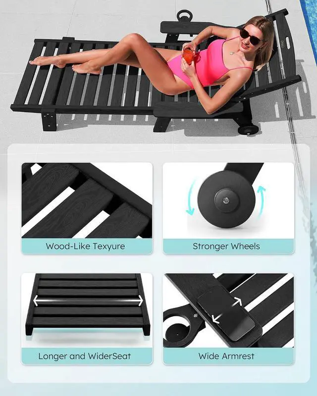 Alt view image 5 of 7 - Patio Chaise Lounge Chair Set of 4, Oversize Lounge Chairs with Wood Texture& Rolling Wheels, HDPE 6-Position Plastic Lounge Chairs for Poolside, Patio, Deck, Beach,Black
