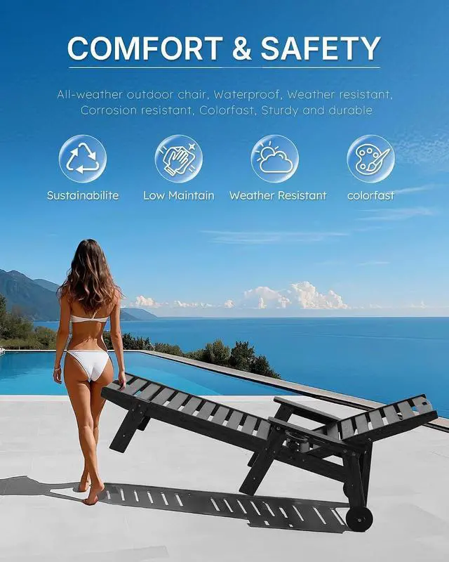Alt view image 7 of 7 - Patio Chaise Lounge Chair Set of 4, Oversize Lounge Chairs with Wood Texture& Rolling Wheels, HDPE 6-Position Plastic Lounge Chairs for Poolside, Patio, Deck, Beach,Black