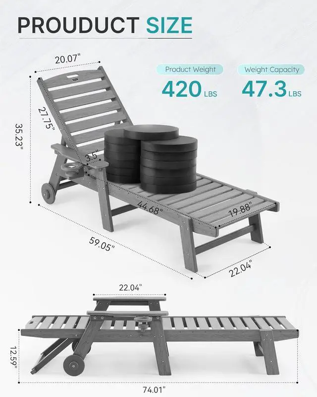 Alt view image 2 of 7 - Patio Chaise Lounge Chair Outdoor with Wheels, Oversize Patio Lounge Chairs with Wood Texture, HDPE 6-Position Plastic Lounge Chairs for Poolside, Patio, Deck, Beach,Grey