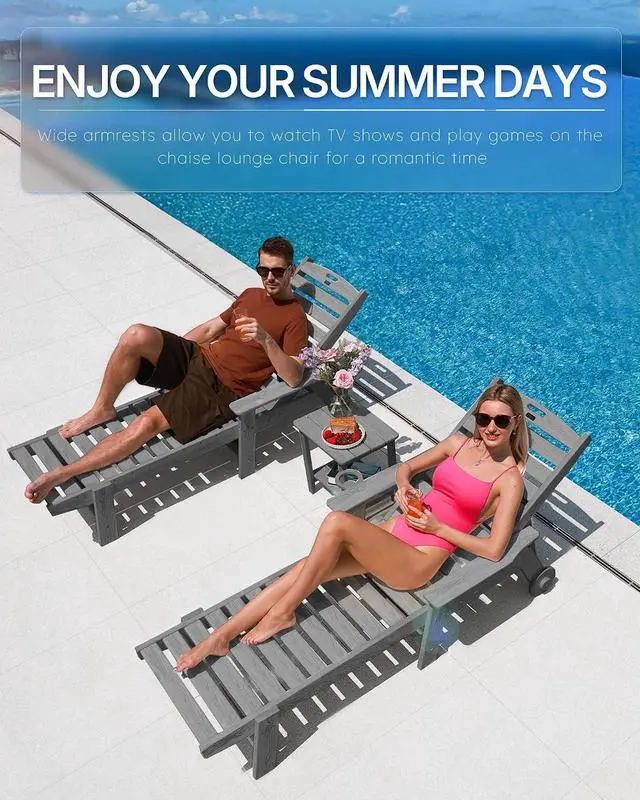Alt view image 3 of 7 - Patio Chaise Lounge Chair Set of 2, Oversize Lounge Chairs with Wood Texture& Rolling Wheels, HDPE 6-Position Plastic Lounge Chairs for Poolside, Patio, Deck, Beach,Grey