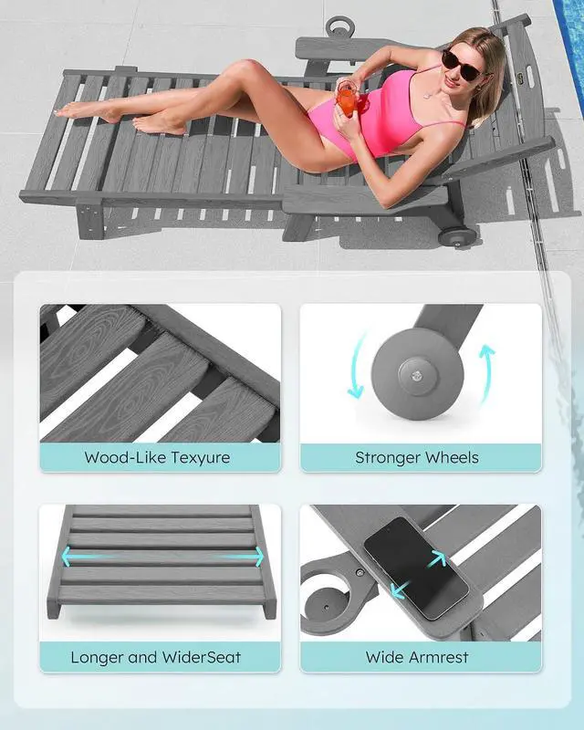 Alt view image 5 of 7 - Patio Chaise Lounge Chair Set of 2, Oversize Lounge Chairs with Wood Texture& Rolling Wheels, HDPE 6-Position Plastic Lounge Chairs for Poolside, Patio, Deck, Beach,Grey