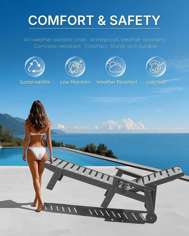 Alt view image 7 of 7 - Patio Chaise Lounge Chair Set of 2, Oversize Lounge Chairs with Wood Texture& Rolling Wheels, HDPE 6-Position Plastic Lounge Chairs for Poolside, Patio, Deck, Beach,Grey