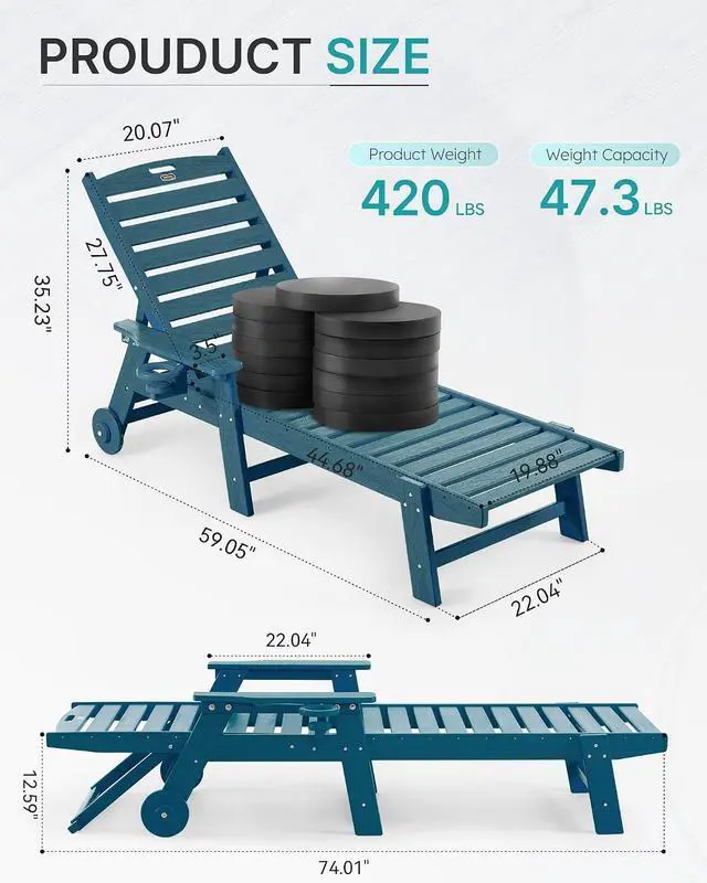 Alt view image 2 of 7 - Patio Chaise Lounge Chair Set of 4, Oversize Lounge Chairs with Wood Texture& Rolling Wheels, HDPE 6-Position Plastic Lounge Chairs for Poolside, Patio, Deck, Beach,Navy Blue