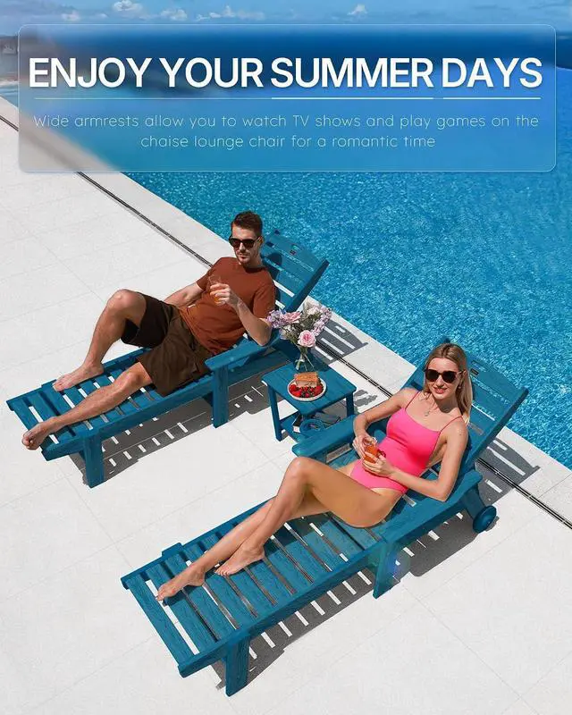 Alt view image 3 of 7 - Patio Chaise Lounge Chair Set of 4, Oversize Lounge Chairs with Wood Texture& Rolling Wheels, HDPE 6-Position Plastic Lounge Chairs for Poolside, Patio, Deck, Beach,Navy Blue