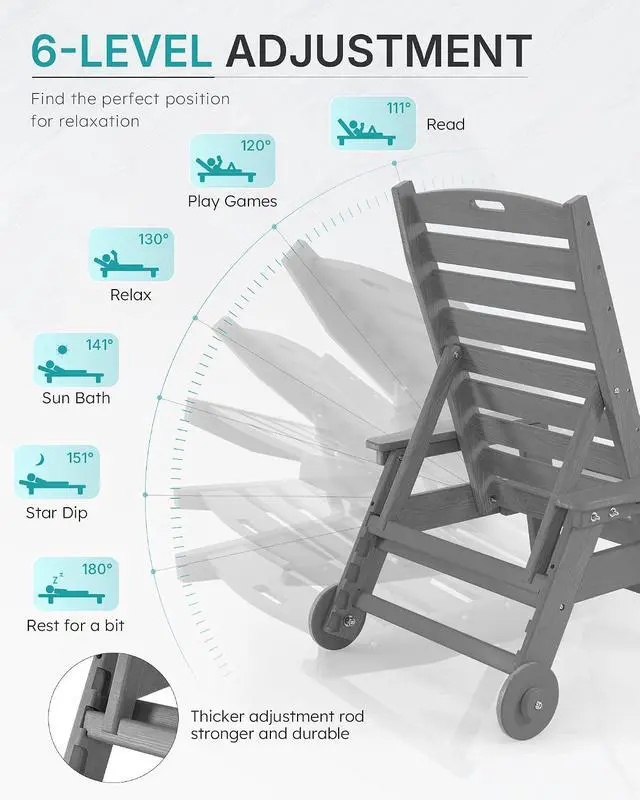 Alt view image 4 of 7 - Patio Chaise Lounge Chair Outdoor with Wheels, Oversize Patio Lounge Chairs with Wood Texture, HDPE 6-Position Plastic Lounge Chairs for Poolside, Patio, Deck, Beach,Grey