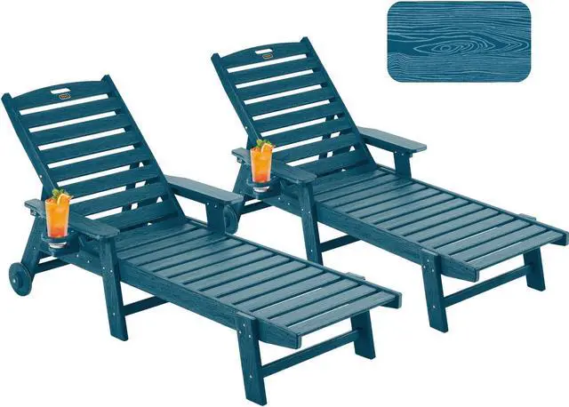 Main image of Patio Chaise Lounge Chair Set of 2, Oversize Lounge Chairs with Wood Texture& Rolling Wheels, HDPE 6-Position Plastic Lounge Chairs for Poolside, Patio, Deck, Beach,Navy Blue