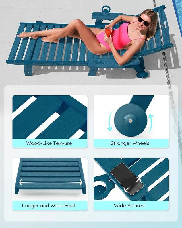 Alt view image 5 of 7 - Patio Chaise Lounge Chair Set of 4, Oversize Lounge Chairs with Wood Texture& Rolling Wheels, HDPE 6-Position Plastic Lounge Chairs for Poolside, Patio, Deck, Beach,Navy Blue