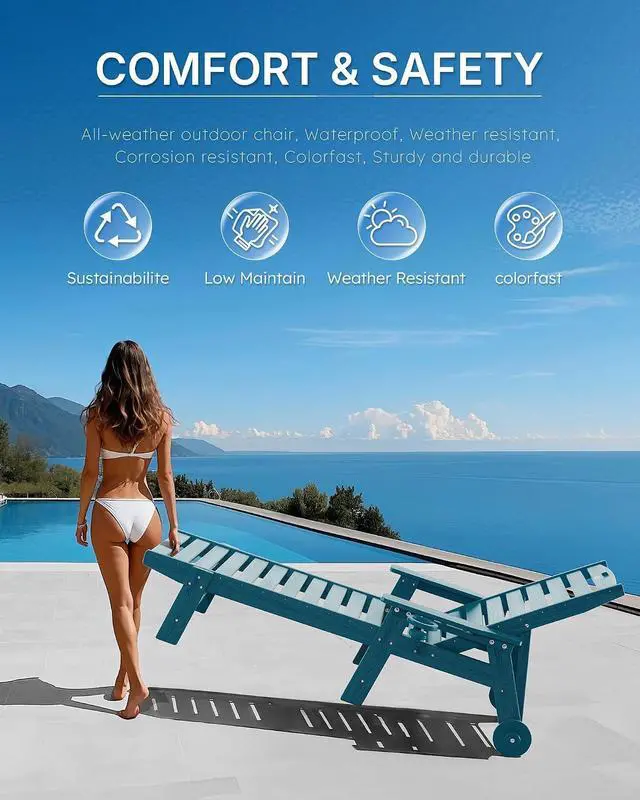 Alt view image 7 of 7 - Patio Chaise Lounge Chair Set of 4, Oversize Lounge Chairs with Wood Texture& Rolling Wheels, HDPE 6-Position Plastic Lounge Chairs for Poolside, Patio, Deck, Beach,Navy Blue
