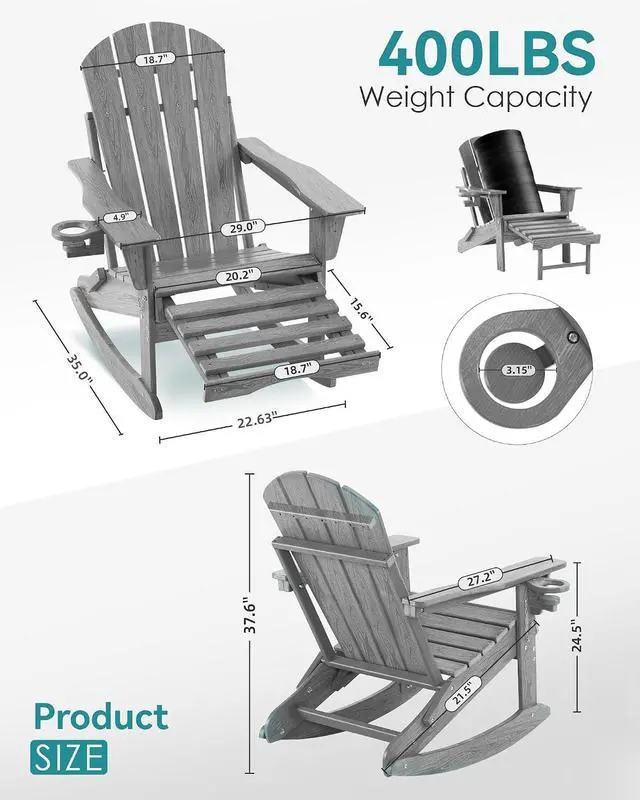 Alt view image 2 of 7 - Adjustable Adirondack Rocking Chair with Retractable Ottoman, 4-in-1 Multifunctional Folding Patio Chair with Cup Holder, Outdoor Chair Wood Texture for Lawn, Porch, Backyard, Pool(Grey)