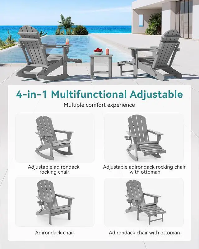 Alt view image 5 of 7 - Adjustable Adirondack Rocking Chair with Retractable Ottoman, 4-in-1 Multifunctional Folding Patio Chair with Cup Holder, Outdoor Chair Wood Texture for Lawn, Porch, Backyard, Pool(Grey)