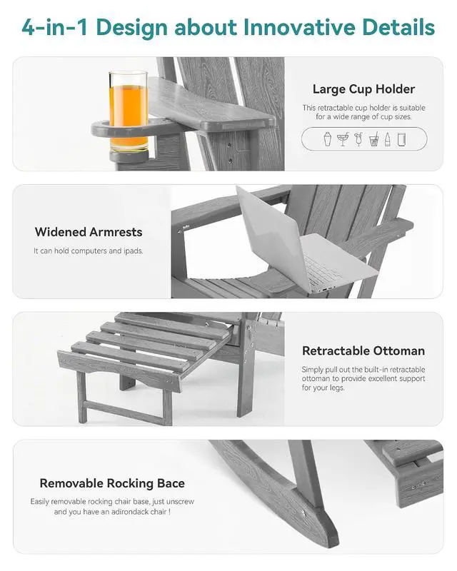 Alt view image 6 of 7 - Adjustable Adirondack Rocking Chair with Retractable Ottoman, 4-in-1 Multifunctional Folding Patio Chair with Cup Holder, Outdoor Chair Wood Texture for Lawn, Porch, Backyard, Pool(Grey)