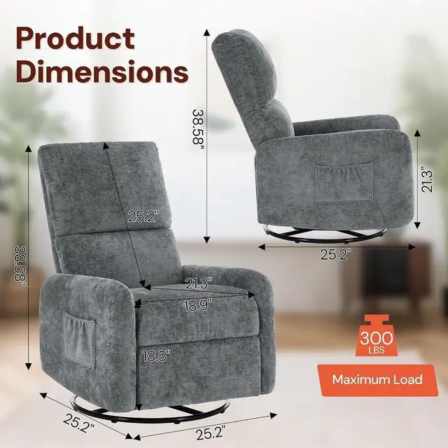 Alt view image 2 of 7 - Korser 360° Rocking Chair, Nursery Rocker Chair with Side Pockets, Glider Nursing Chair with Steel Structure Base, Small Chair for Small Spaces, Chenille Swivel Accent Chairs for Living Room, Nursing