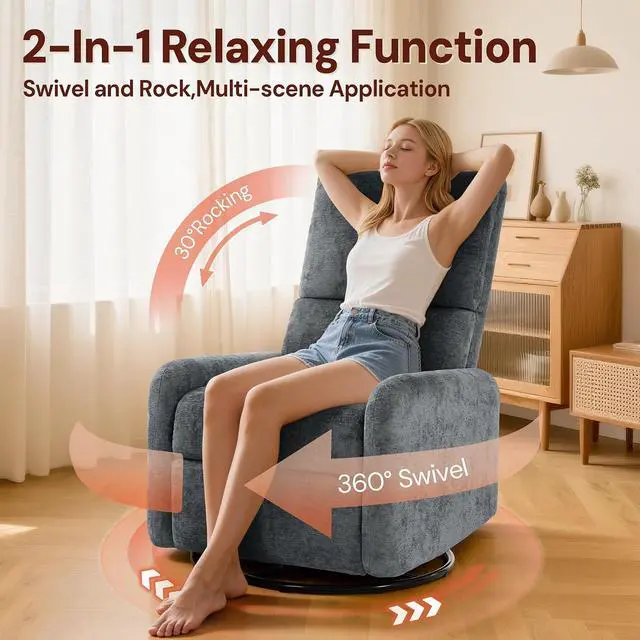 Alt view image 3 of 7 - Korser 360° Rocking Chair, Nursery Rocker Chair with Side Pockets, Glider Nursing Chair with Steel Structure Base, Small Chair for Small Spaces, Chenille Swivel Accent Chairs for Living Room, Nursing
