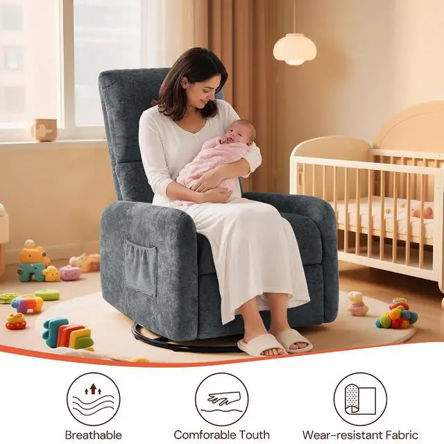 Alt view image 5 of 7 - Korser 360° Rocking Chair, Nursery Rocker Chair with Side Pockets, Glider Nursing Chair with Steel Structure Base, Small Chair for Small Spaces, Chenille Swivel Accent Chairs for Living Room, Nursing
