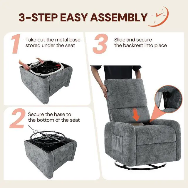 Alt view image 6 of 7 - Korser 360° Rocking Chair, Nursery Rocker Chair with Side Pockets, Glider Nursing Chair with Steel Structure Base, Small Chair for Small Spaces, Chenille Swivel Accent Chairs for Living Room, Nursing