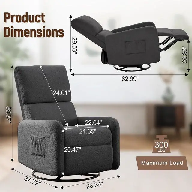Alt view image 2 of 7 - Korser Recliner Chair, Nursery Rocker Chair with Side Pockets, Small Recliners for Small Spaces, Swivel Rocker Recliner Chair for Adults, Sherpa Swivel Accent Chairs for Living Room, Nursing