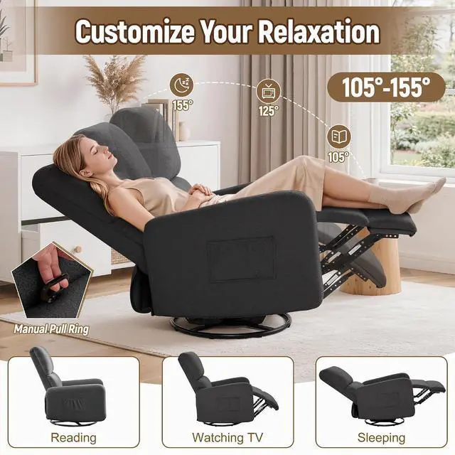 Alt view image 3 of 7 - Korser Recliner Chair, Nursery Rocker Chair with Side Pockets, Small Recliners for Small Spaces, Swivel Rocker Recliner Chair for Adults, Sherpa Swivel Accent Chairs for Living Room, Nursing