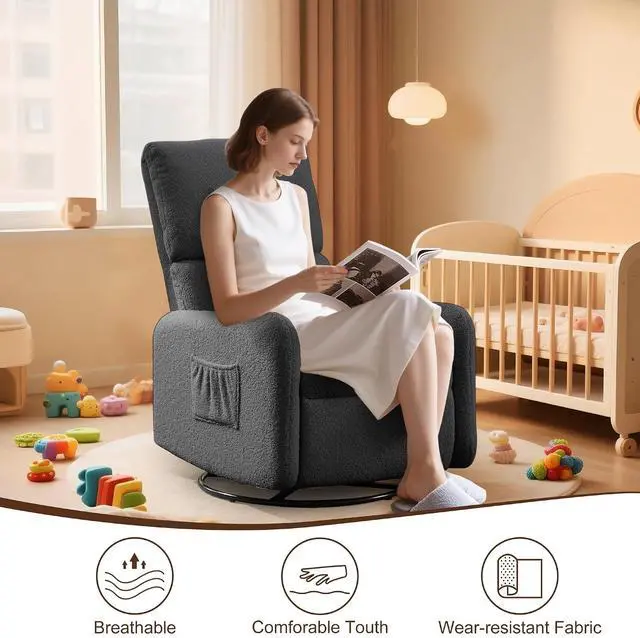 Alt view image 6 of 7 - Korser Recliner Chair, Nursery Rocker Chair with Side Pockets, Small Recliners for Small Spaces, Swivel Rocker Recliner Chair for Adults, Sherpa Swivel Accent Chairs for Living Room, Nursing