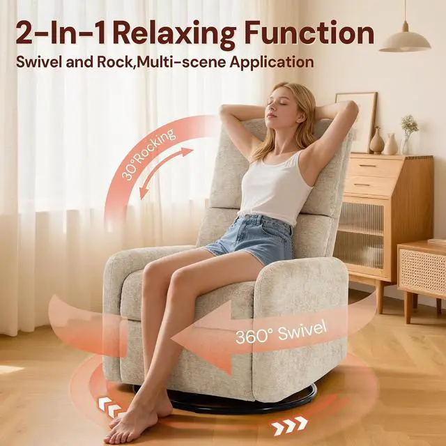 Alt view image 3 of 7 - Korser 360° Rocking Chair, Nursery Rocker Chair with Side Pockets, Glider Nursing Chair with Steel Structure Base, Small Chair for Small Spaces, Chenille Swivel Accent Chairs for Living Room, Nursing