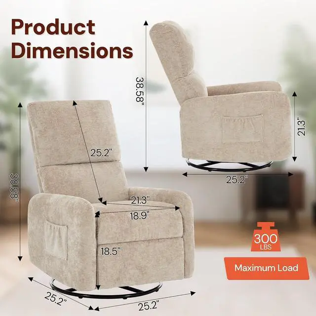 Alt view image 2 of 7 - Korser 360° Rocking Chair, Nursery Rocker Chair with Side Pockets, Glider Nursing Chair with Steel Structure Base, Small Chair for Small Spaces, Chenille Swivel Accent Chairs for Living Room, Nursing