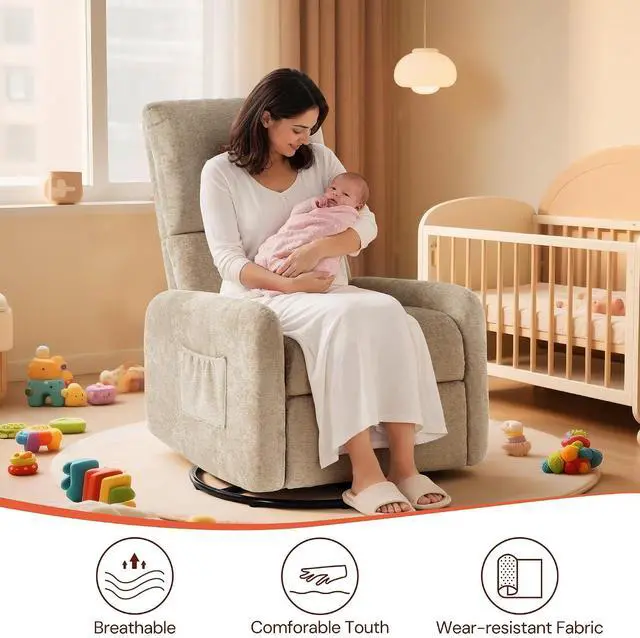 Alt view image 5 of 7 - Korser 360° Rocking Chair, Nursery Rocker Chair with Side Pockets, Glider Nursing Chair with Steel Structure Base, Small Chair for Small Spaces, Chenille Swivel Accent Chairs for Living Room, Nursing