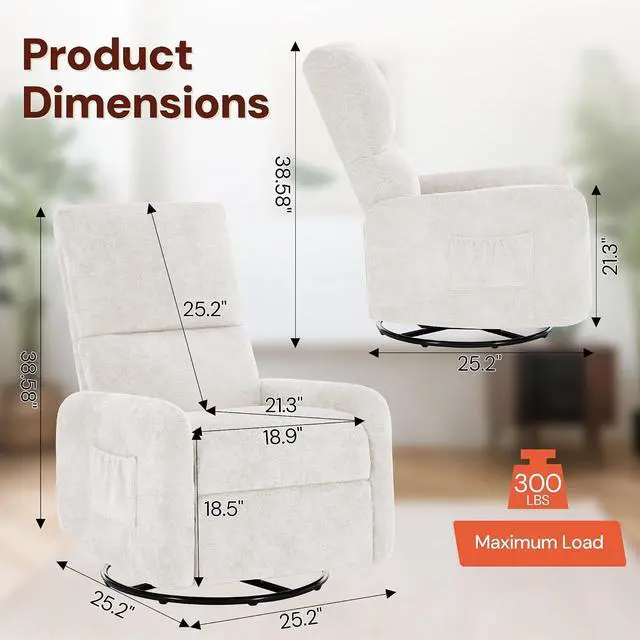 Alt view image 2 of 7 - Korser 360° Rocking Chair, Nursery Rocker Chair with Side Pockets, Glider Nursing Chair with Steel Structure Base, Small Chair for Small Spaces, Chenille Swivel Accent Chairs for Living Room, Nursing