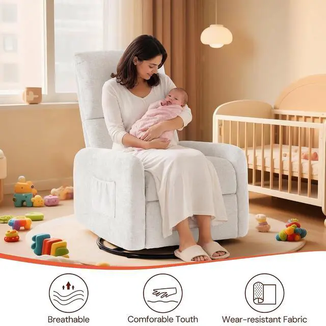 Alt view image 5 of 7 - Korser 360° Rocking Chair, Nursery Rocker Chair with Side Pockets, Glider Nursing Chair with Steel Structure Base, Small Chair for Small Spaces, Chenille Swivel Accent Chairs for Living Room, Nursing
