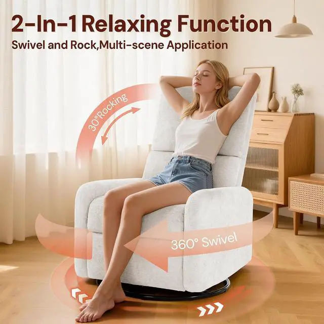 Alt view image 3 of 7 - Korser 360° Rocking Chair, Nursery Rocker Chair with Side Pockets, Glider Nursing Chair with Steel Structure Base, Small Chair for Small Spaces, Chenille Swivel Accent Chairs for Living Room, Nursing
