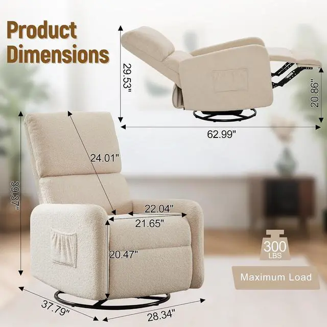 Alt view image 2 of 7 - Korser Recliner Chair, Nursery Rocker Chair with Side Pockets, Small Recliners for Small Spaces, Swivel Rocker Recliner Chair for Adults, Sherpa Swivel Accent Chairs for Living Room, Nursing