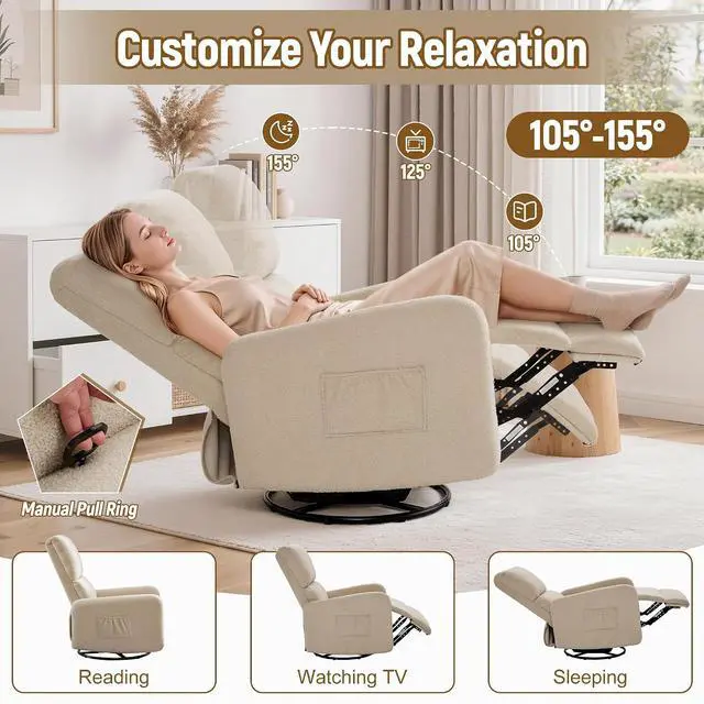 Alt view image 3 of 7 - Korser Recliner Chair, Nursery Rocker Chair with Side Pockets, Small Recliners for Small Spaces, Swivel Rocker Recliner Chair for Adults, Sherpa Swivel Accent Chairs for Living Room, Nursing