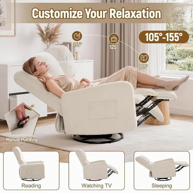 Alt view image 3 of 7 - Korser Recliner Chair, Nursery Rocker Chair with Side Pockets, Small Recliners for Small Spaces, Swivel Rocker Recliner Chair for Adults, Sherpa Swivel Accent Chairs for Living Room, Nursing