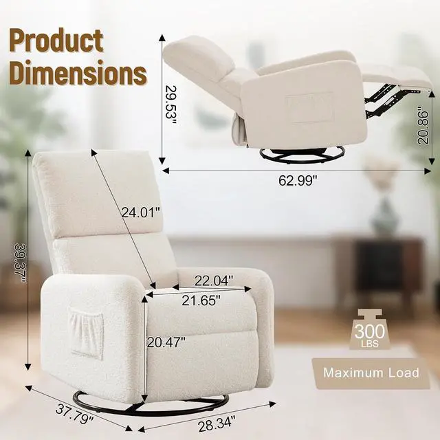 Alt view image 2 of 7 - Korser Recliner Chair, Nursery Rocker Chair with Side Pockets, Small Recliners for Small Spaces, Swivel Rocker Recliner Chair for Adults, Sherpa Swivel Accent Chairs for Living Room, Nursing