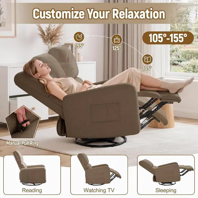 Alt view image 3 of 7 - Korser Recliner Chair, Nursery Rocker Chair with Side Pockets, Small Recliners for Small Spaces, Swivel Rocker Recliner Chair for Adults, Sherpa Swivel Accent Chairs for Living Room, Nursing