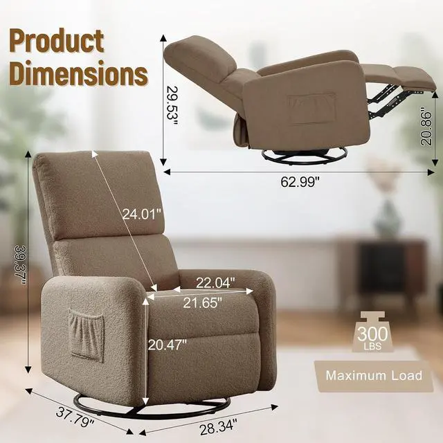 Alt view image 2 of 7 - Korser Recliner Chair, Nursery Rocker Chair with Side Pockets, Small Recliners for Small Spaces, Swivel Rocker Recliner Chair for Adults, Sherpa Swivel Accent Chairs for Living Room, Nursing