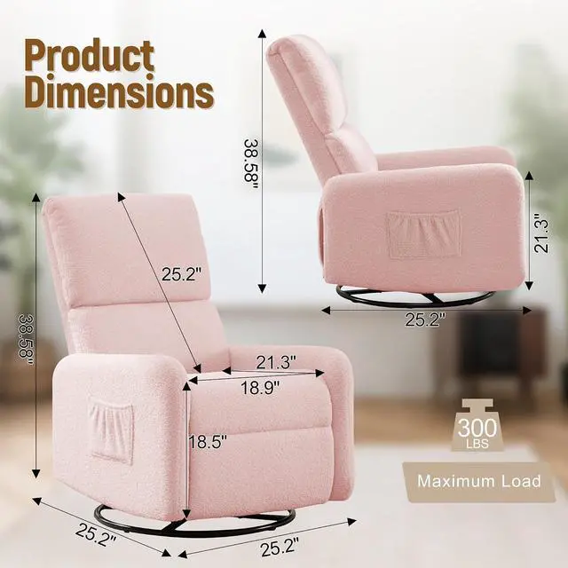 Alt view image 2 of 7 - Korser 360° Rocking Chair, Nursery Rocker Chair with Side Pockets, Glider Nursing Chair with Steel Structure Base, Small Chair for Small Spaces, Sherpa Swivel Accent Chairs for Living Room, Nursing
