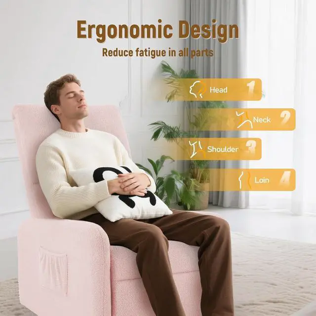 Alt view image 4 of 7 - Korser 360° Rocking Chair, Nursery Rocker Chair with Side Pockets, Glider Nursing Chair with Steel Structure Base, Small Chair for Small Spaces, Sherpa Swivel Accent Chairs for Living Room, Nursing