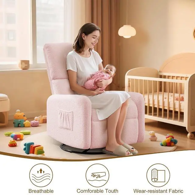 Alt view image 5 of 7 - Korser 360° Rocking Chair, Nursery Rocker Chair with Side Pockets, Glider Nursing Chair with Steel Structure Base, Small Chair for Small Spaces, Sherpa Swivel Accent Chairs for Living Room, Nursing