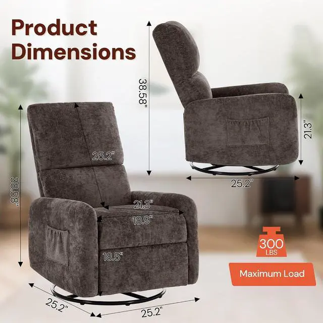 Alt view image 2 of 7 - Korser 360° Rocking Chair, Nursery Rocker Chair with Side Pockets, Glider Nursing Chair with Steel Structure Base, Small Chair for Small Spaces, Chenille Swivel Accent Chairs for Living Room, Nursing