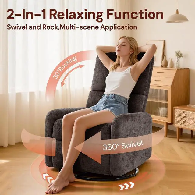 Alt view image 3 of 7 - Korser 360° Rocking Chair, Nursery Rocker Chair with Side Pockets, Glider Nursing Chair with Steel Structure Base, Small Chair for Small Spaces, Chenille Swivel Accent Chairs for Living Room, Nursing