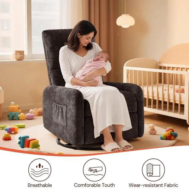 Alt view image 5 of 7 - Korser 360° Rocking Chair, Nursery Rocker Chair with Side Pockets, Glider Nursing Chair with Steel Structure Base, Small Chair for Small Spaces, Chenille Swivel Accent Chairs for Living Room, Nursing