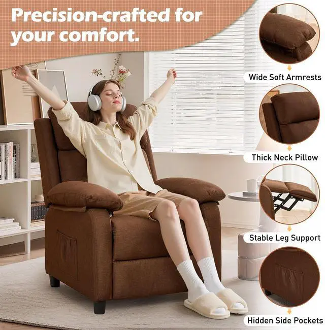 Alt view image 5 of 7 - Korser Recliner Chair, Living Room Chairs for Adults, Padded Deep Seat Reading Chair with Side Pockets, Small Recliners for Small Spaces, Lounge Chair for Living Room, Bedroom, and RV (Linen)