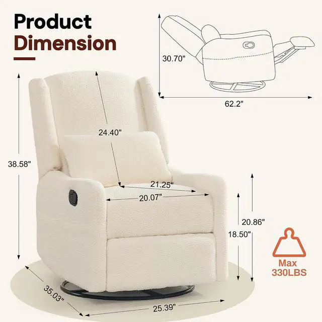 Alt view image 2 of 7 - Korser Glider Recliner Rocking Chair, 360° Swivel Boucle Nursery Chair, Comfy Upholstered Recliner for Nursery, Living Room & Bedroom,Beige
