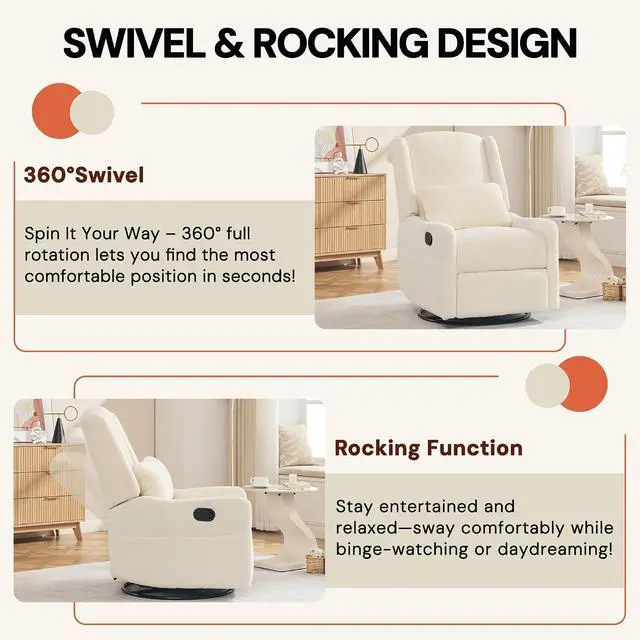 Alt view image 5 of 7 - Korser Glider Recliner Rocking Chair, 360° Swivel Boucle Nursery Chair, Comfy Upholstered Recliner for Nursery, Living Room & Bedroom,Beige