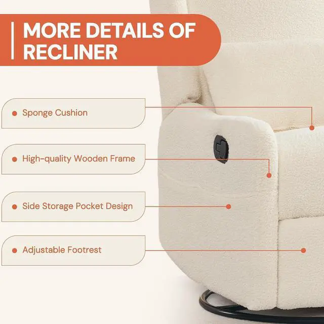 Alt view image 6 of 7 - Korser Glider Recliner Rocking Chair, 360° Swivel Boucle Nursery Chair, Comfy Upholstered Recliner for Nursery, Living Room & Bedroom,Beige