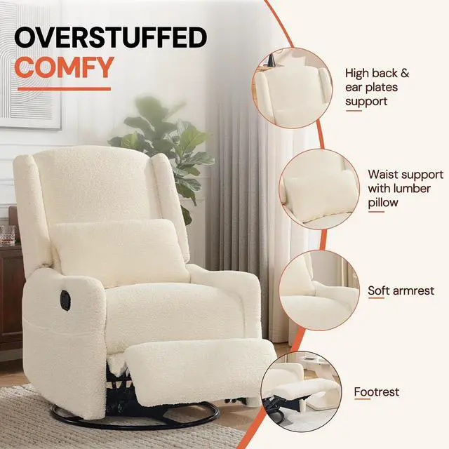 Alt view image 7 of 7 - Korser Glider Recliner Rocking Chair, 360° Swivel Boucle Nursery Chair, Comfy Upholstered Recliner for Nursery, Living Room & Bedroom,Beige